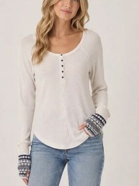 Free People Alpine Cuff Thermal Henley Waffle Knit Top M Ivory Blue